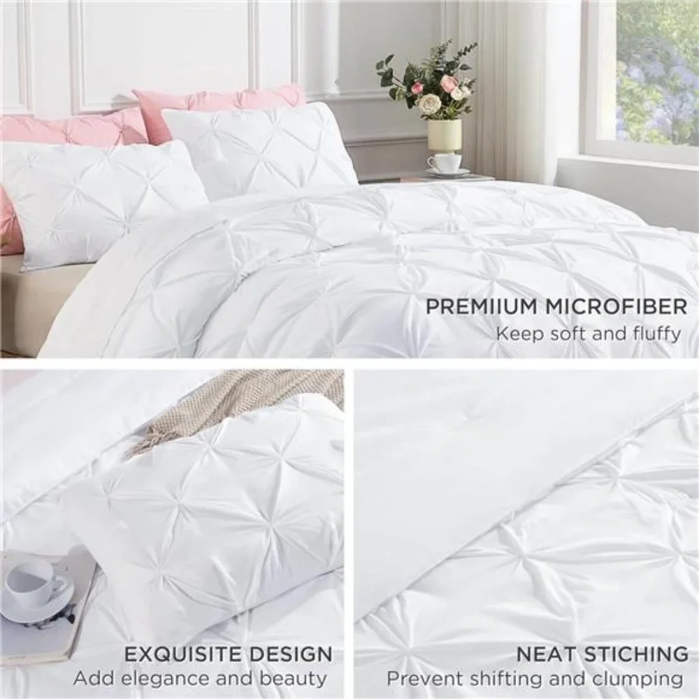 White Queen Comforter Set(90x90Inch),3 Pieces Cute Pinch Pleat Bedding Comforter